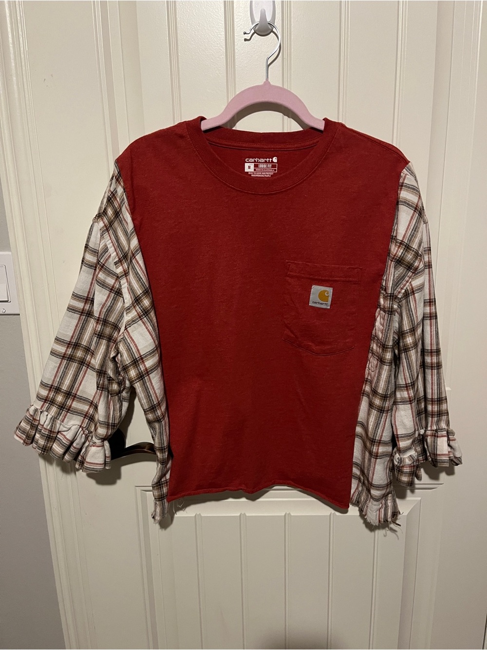 Upcycle Carhartt Red Tee with Plaid Long Sleeves